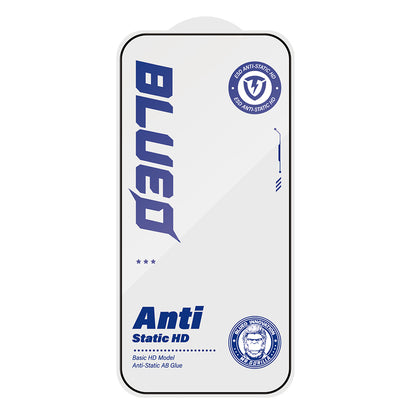 Blueo Anti-Static HD Displayschutzfolie für Apple iPhone 17e / 16e / 14 / 13 Pro, gehärtetes Glas, Vollkleber, Schwarz