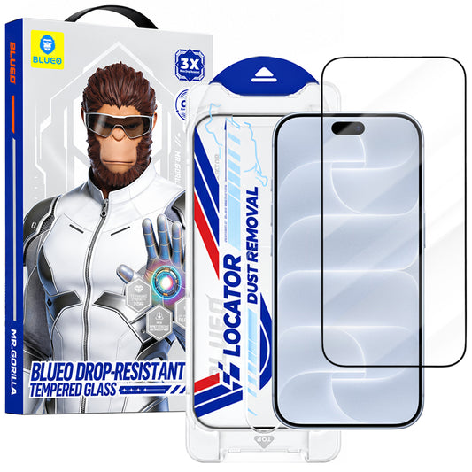 Blueo Drop Resistant Applicator Pro Displayschutzfolie für Apple iPhone 18 Pro / 17 Pro / 17 / 16 Pro, gehärtetes Glas, vollflächig klebend, schwarz