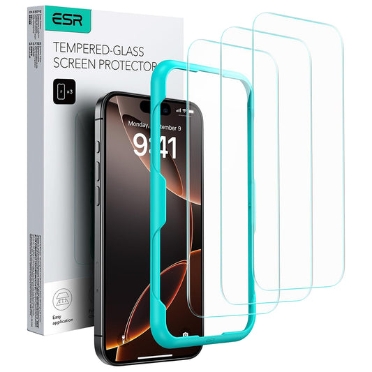 Schutzfolie ESR Bildschirm für Apple iPhone 17 / 16 Pro, Gehärtetes Glas, Vollverklebung, Set 3 Stück