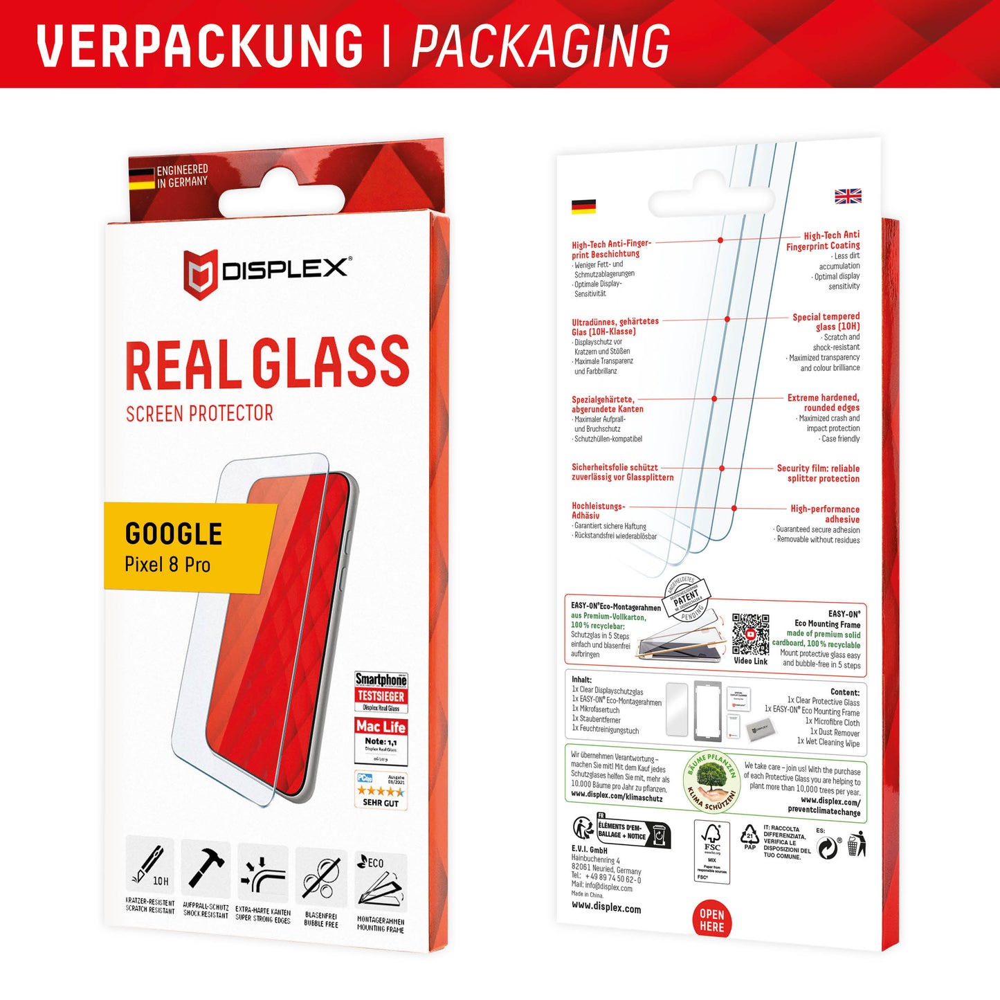 Schutzfolie Displex Real Glass für Google Pixel 8 Pro, gehärtetes Glas, Full Glue, 2D