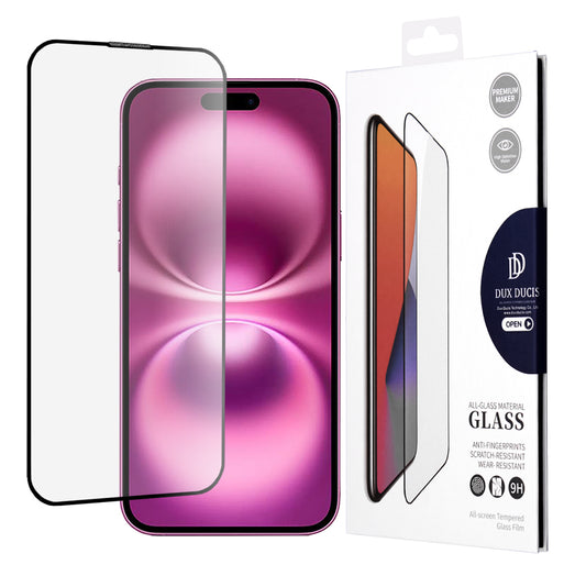 DUX DUCIS Displayschutzfolie für Apple iPhone 16 Plus, gehärtetes Glas, Edge Glue, schwarz