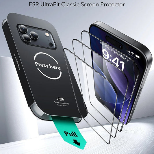 Schutzfolie ESR UltraFit für Apple iPhone 17 Pro Max, gehärtetes Glas, Full Glue, Set mit 3 Stück