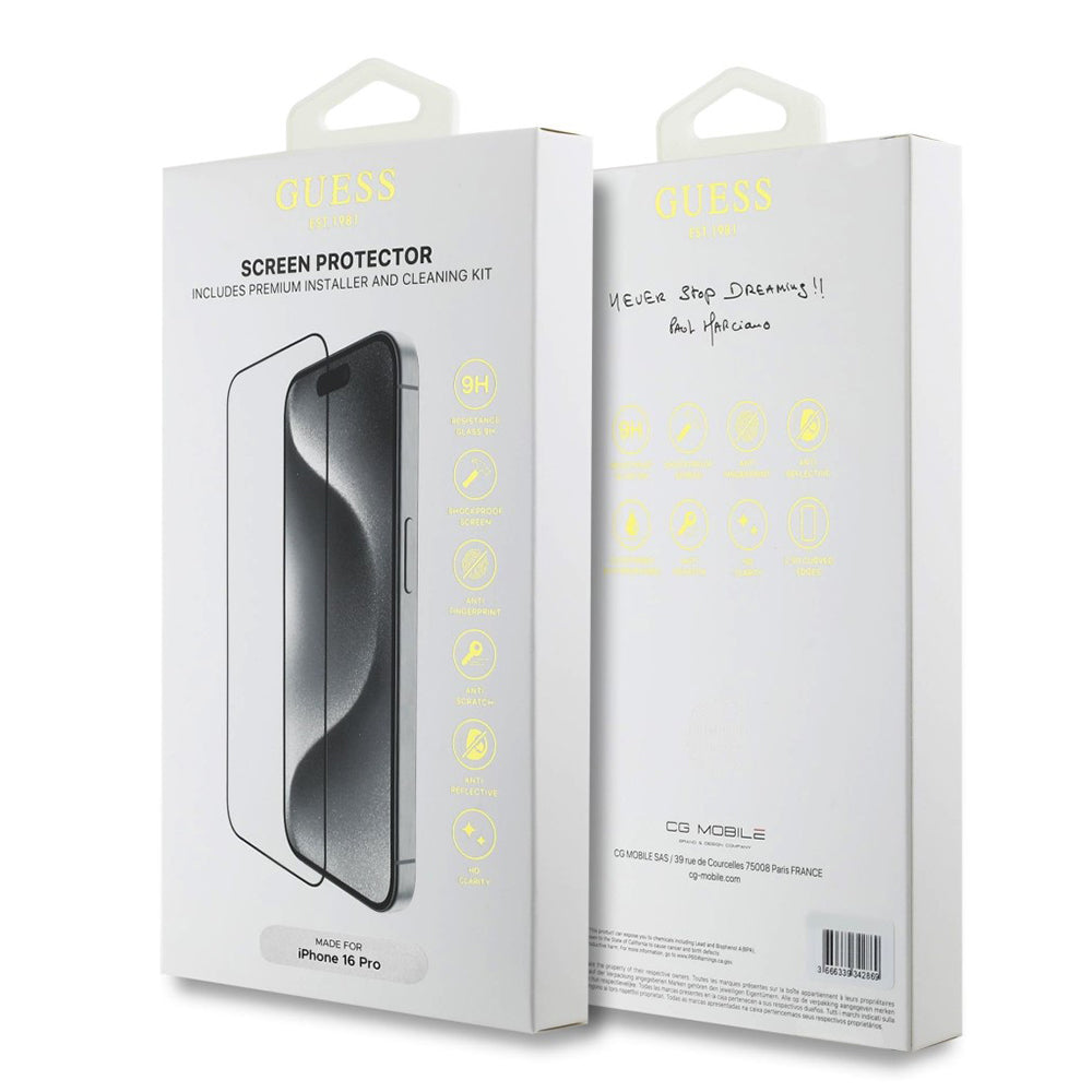 Schutzfolie Guess Classic Outline für Apple iPhone 16 Pro, Gehärtetes Glas, Full Glue, 2.5D, Schwarz GUTGP16LBOKGCIT