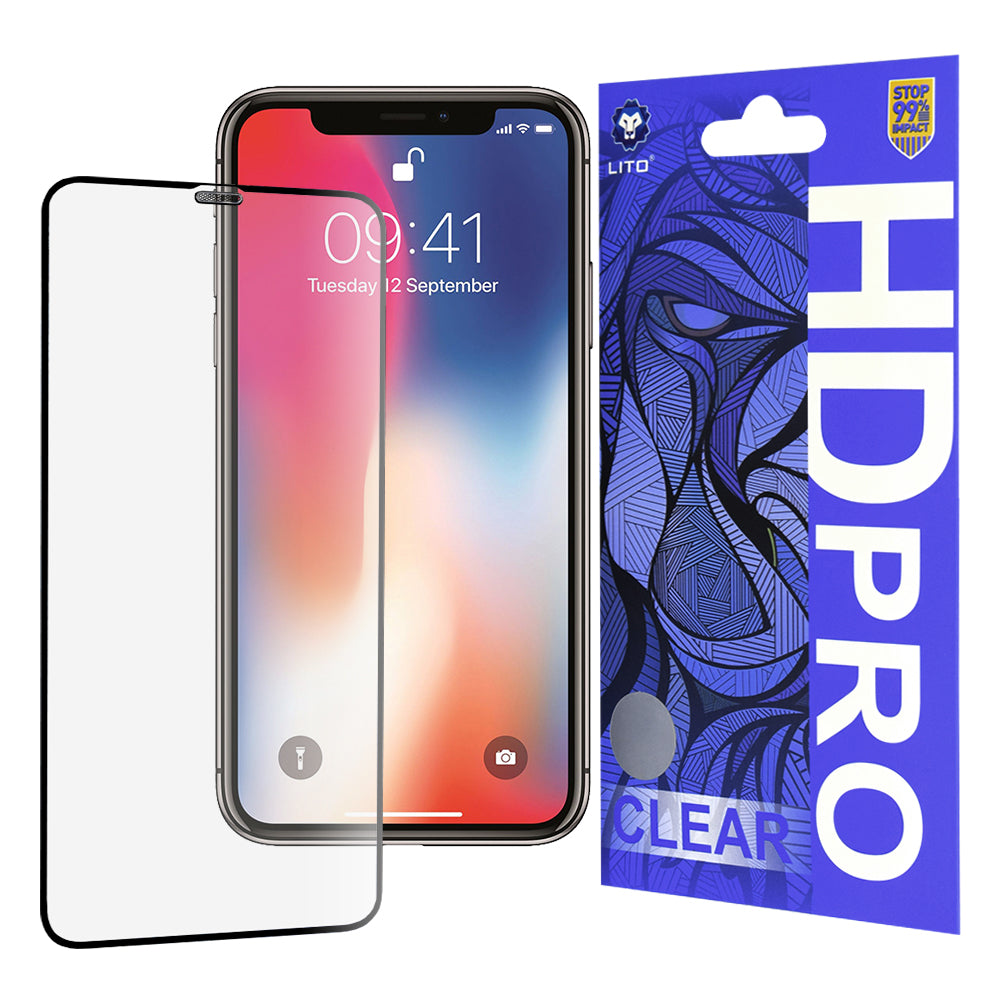 Lito HD Pro Clear Displayschutzfolie für Apple iPhone 11 Pro / XS / X, gehärtetes Glas, Vollkleber, Schwarz
