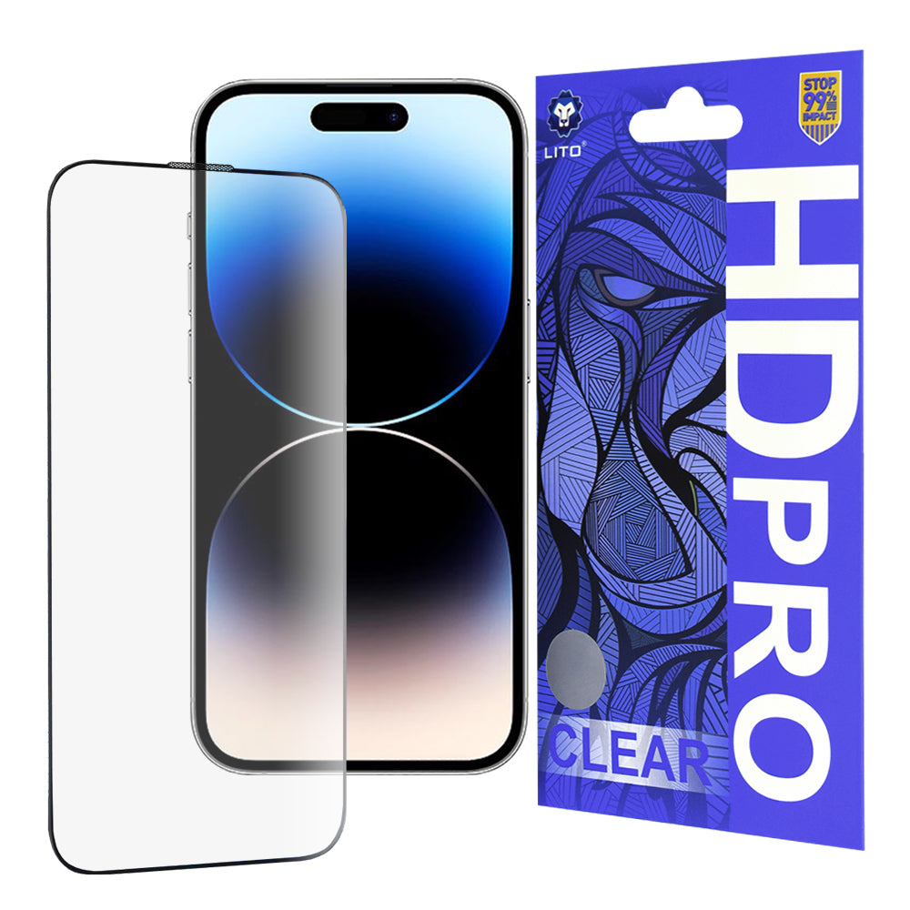 Lito HD Pro Clear Displayschutzfolie für Apple iPhone 14 Pro, gehärtetes Glas, Vollkleber, Schwarz