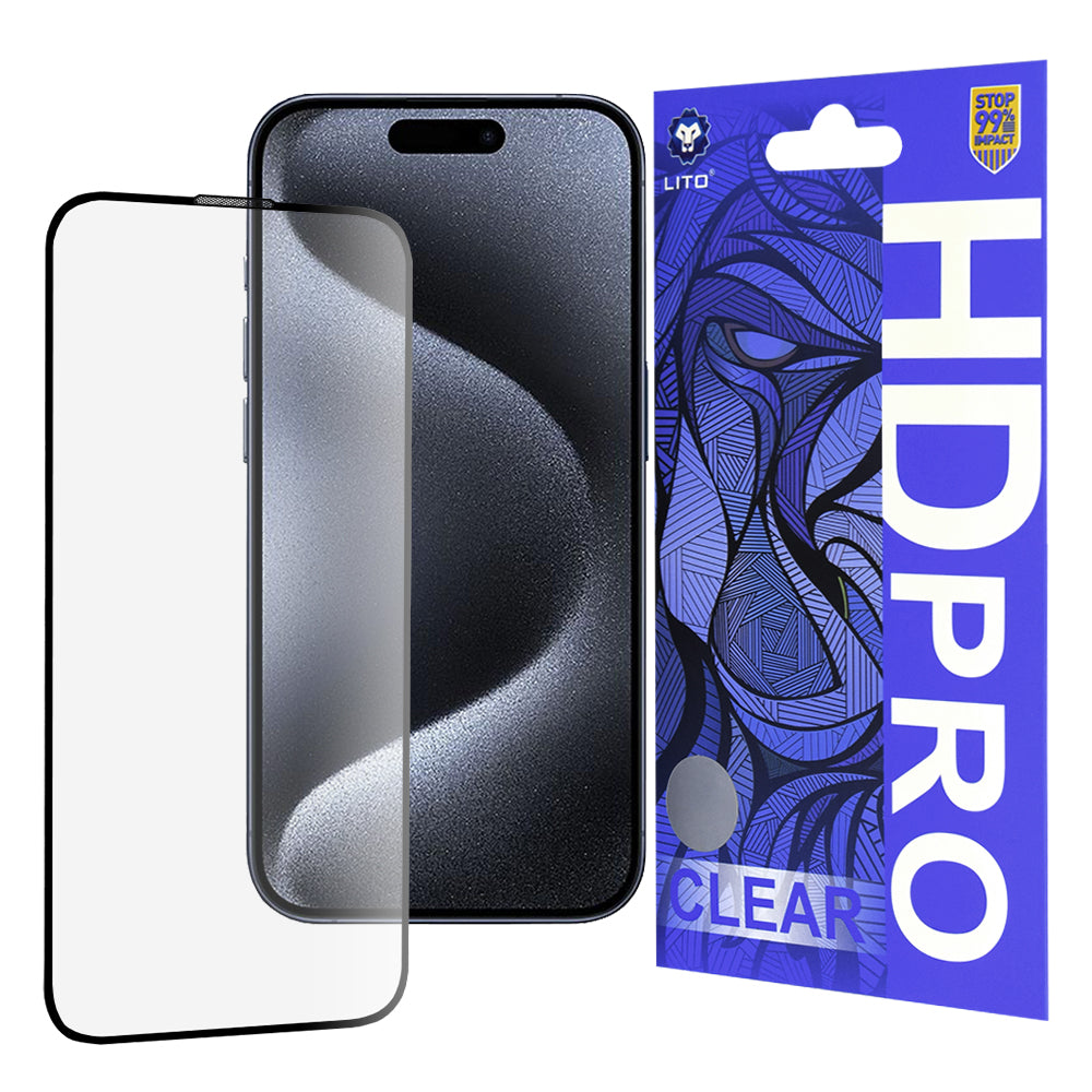 Lito HD Pro Clear Displayschutzfolie für Apple iPhone 15 Pro, gehärtetes Glas, Vollkleber, Schwarz