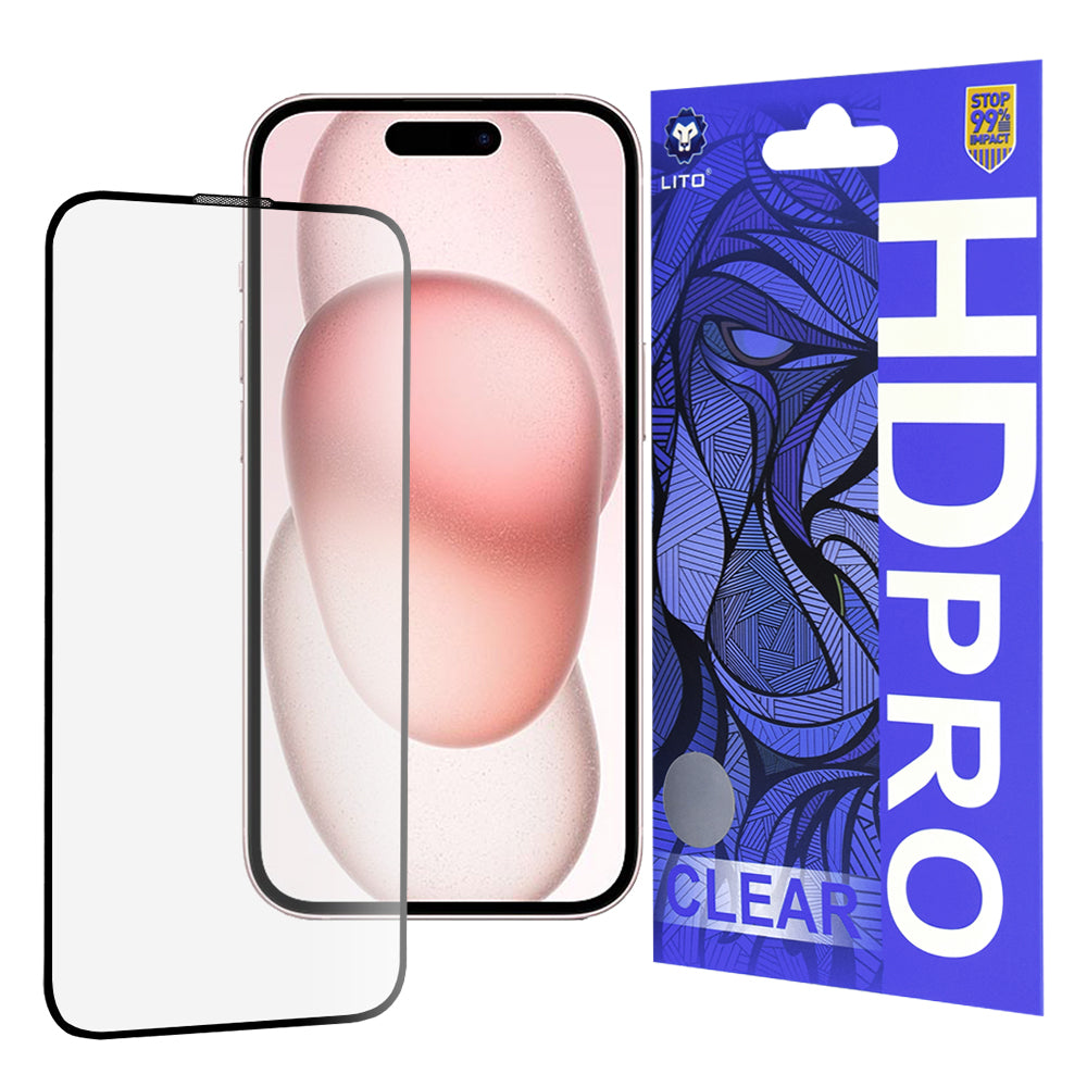 Lito HD Pro Clear Screen Protector for Apple iPhone 15, Tempered Glass, Full Glue, Black