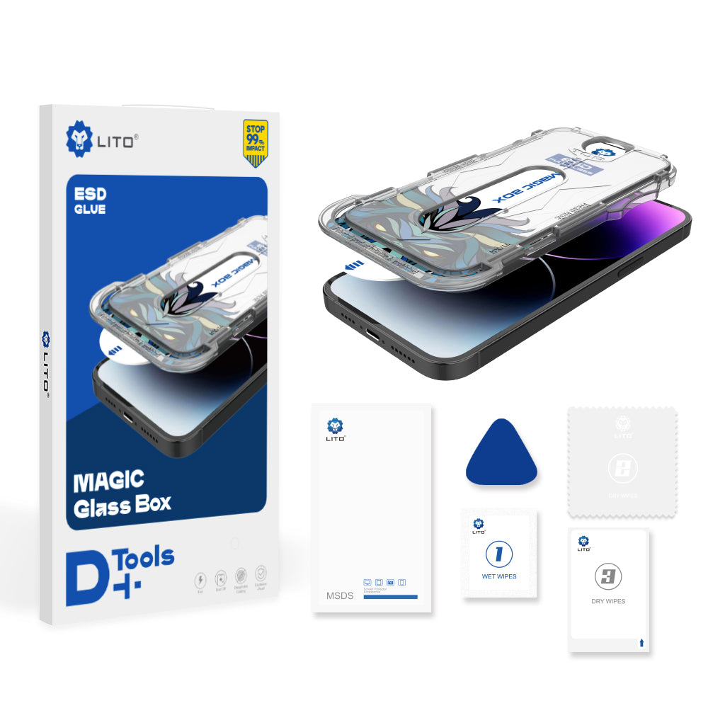 Displayschutzfolie Lito Magic Glass Box D+ Tools für Apple iPhone 16, gehärtetes Glas, Full Glue