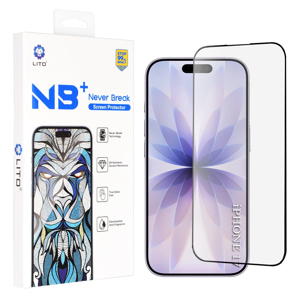 Schutzfolie Lito NB Bildschirm für Apple iPhone 17 / 16 Pro, Gehärtetes Glas, Vollkleber, Schwarz