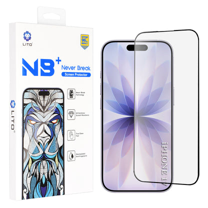 Schutzfolie Lito NB Bildschirm für Apple iPhone 17 / 16 Pro, Gehärtetes Glas, Vollkleber, Schwarz