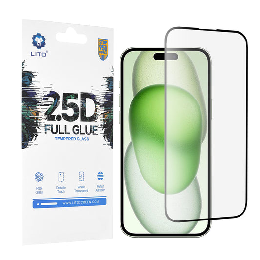 Lito Displayschutzfolie für Apple iPhone 15 Plus, gehärtetes Glas, Full Glue, 2.5D, Schwarz