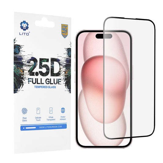 Lito Displayschutzfolie für Apple iPhone 15, gehärtetes Glas, Full Glue, 2.5D, Schwarz