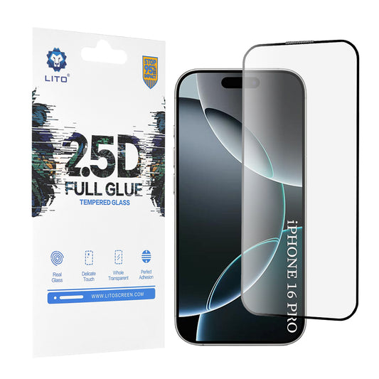 Schutzfolie Lito Bildschirm für Apple iPhone 17 / 16 Pro, Gehärtetes Glas, Vollkleber, 2.5D, Schwarz