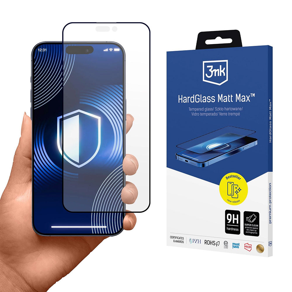 Schutzfolie Matte 3MK HardGlass Max für Apple iPhone 17 Pro, gehärtetes Glas, Full Glue, Schwarz