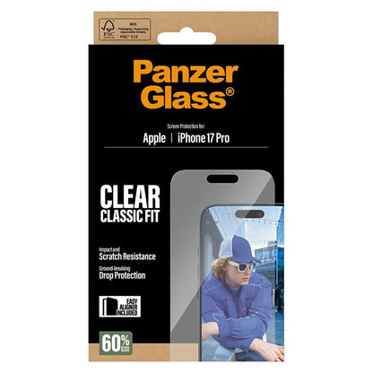 Schutzfolie PanzerGlass Classic Fit EasyAligner für Apple iPhone 17 Pro, gehärtetes Glas, Vollverklebung