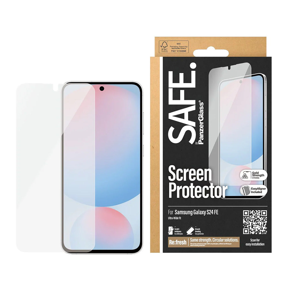 Schutzfolie PanzerGlass Safe Bildschirm. Ultra-Wide Fit EasyAligner für Samsung Galaxy S24 FE S721, Gehärtetes Glas, Vollverklebung.