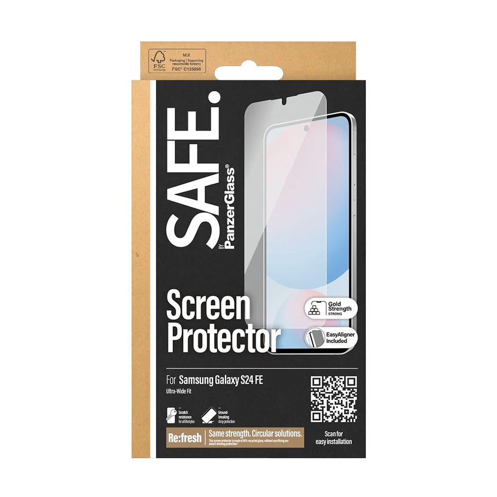 Schutzfolie PanzerGlass Safe Bildschirm. Ultra-Wide Fit EasyAligner für Samsung Galaxy S24 FE S721, Gehärtetes Glas, Vollverklebung.
