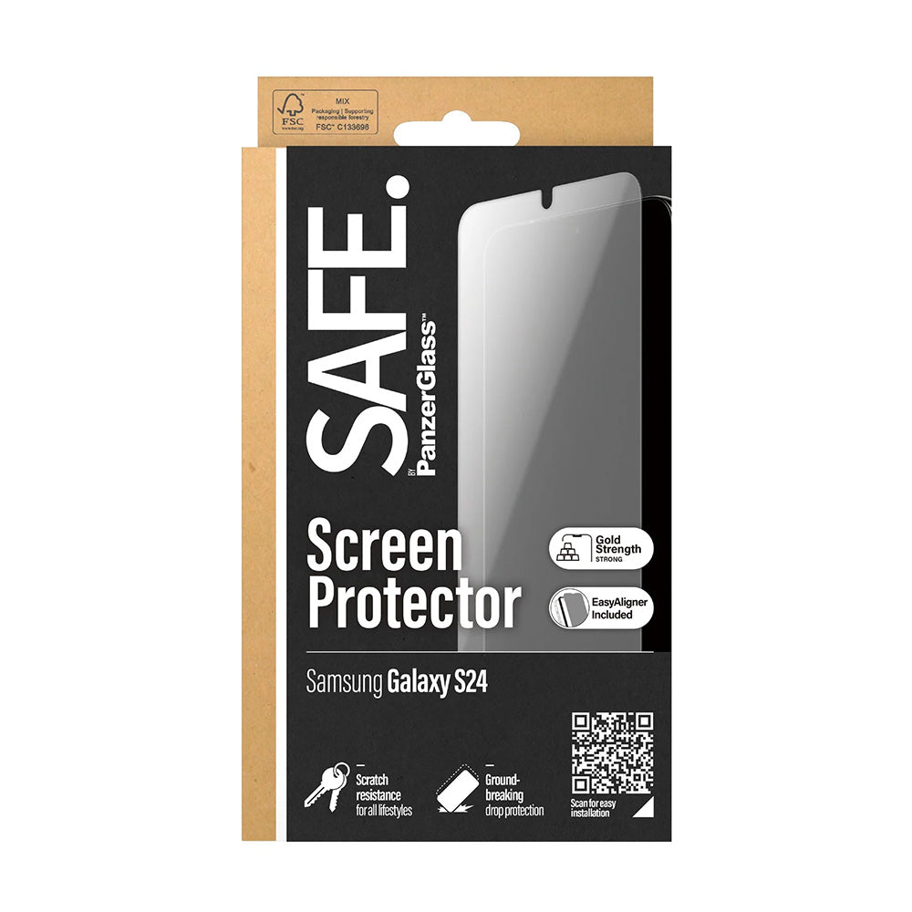 Schutzfolie PanzerGlass Safe Bildschirm. Ultra-Wide Fit EasyAligner für Samsung Galaxy S24 S921, Gehärtetes Glas, Vollverklebung.