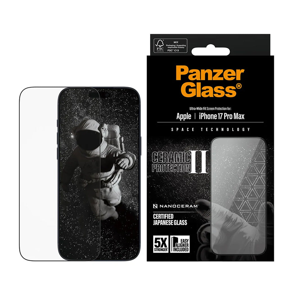 Schutzfolie PanzerGlass Ultra-Wide Ceramic II EasyAligner für Apple iPhone 17 Pro Max, gehärtetes Glas, Full Glue, Schwarz.