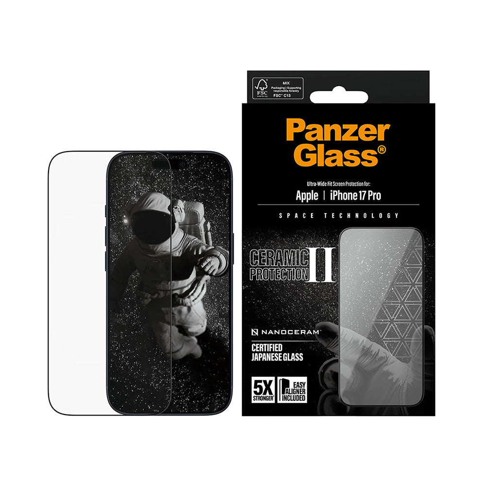 Schutzfolie PanzerGlass Ultra-Wide Ceramic II EasyAligner für Apple iPhone 17 Pro, gehärtetes Glas, Full Glue, Schwarz