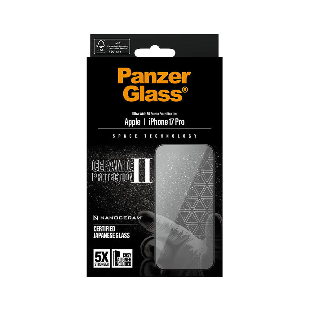Schutzfolie PanzerGlass Ultra-Wide Ceramic II EasyAligner für Apple iPhone 17 Pro, gehärtetes Glas, Full Glue, Schwarz