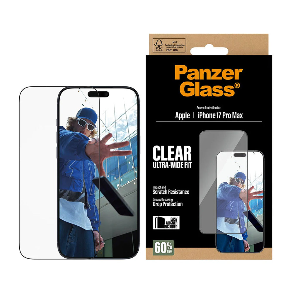 Schutzfolie PanzerGlass Ultra-Wide Fit EasyAligner für Apple iPhone 17 Pro Max, gehärtetes Glas, Full Glue, Schwarz