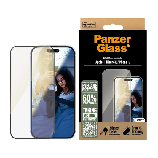 Schutzfolie PanzerGlass Ultra-Wide Fit EyeCare für Apple iPhone 16 / 15, gehärtetes Glas, Full Glue, Schwarz