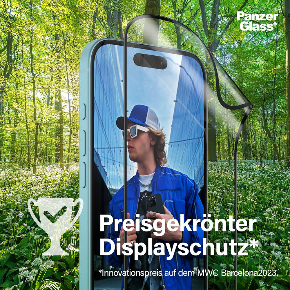 Schutzfolie PanzerGlass Ultra-Wide Fit EyeCare für Apple iPhone 16 / 15, gehärtetes Glas, Full Glue, Schwarz