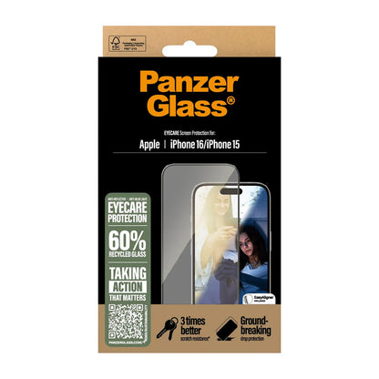 Schutzfolie PanzerGlass Ultra-Wide Fit EyeCare für Apple iPhone 16 / 15, gehärtetes Glas, Full Glue, Schwarz