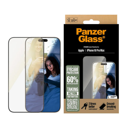 Schutzfolie PanzerGlass Ultra-Wide Fit EyeCare für Apple iPhone 16 Pro Max, gehärtetes Glas, Full Glue, Schwarz
