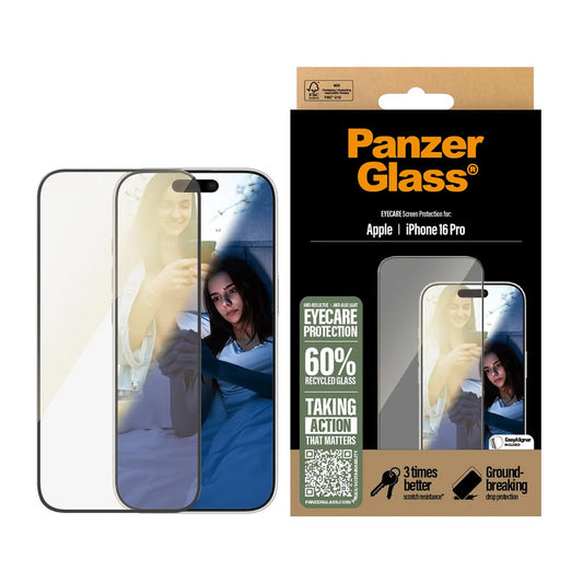 Schutzfolie PanzerGlass Ultra-Wide Fit EyeCare für Apple iPhone 16 Pro, gehärtetes Glas, Full Glue, Schwarz