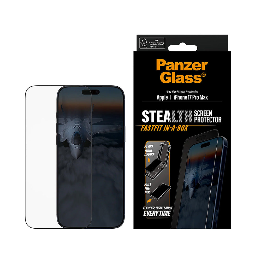 Schutzfolie PanzerGlass Ultra-Wide Fit Stealth Fastfit für Apple iPhone 17 Pro Max, gehärtetes Glas, Full Glue, Schwarz