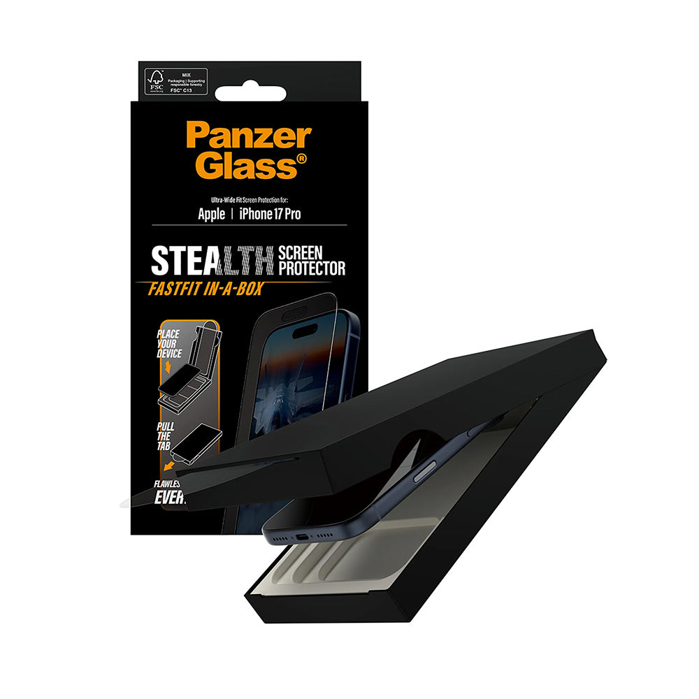 Schutzfolie PanzerGlass Ultra-Wide Fit Stealth Fastfit für Apple iPhone 17 Pro, gehärtetes Glas, Full Glue, Schwarz