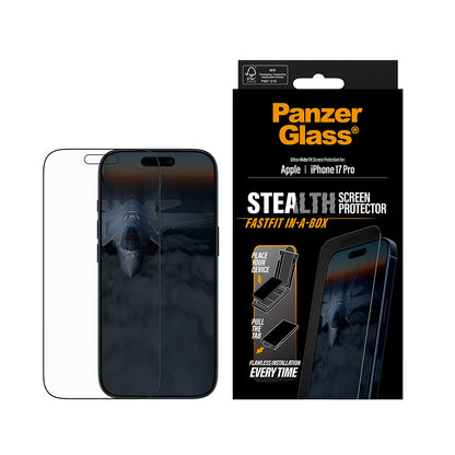 Schutzfolie PanzerGlass Ultra-Wide Fit Stealth Fastfit für Apple iPhone 17 Pro, gehärtetes Glas, Full Glue, Schwarz