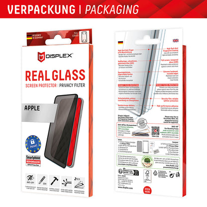 Privacy Screen Protector Displex Real Glass for Apple iPhone 16 Plus, Tempered Glass, Full Glue