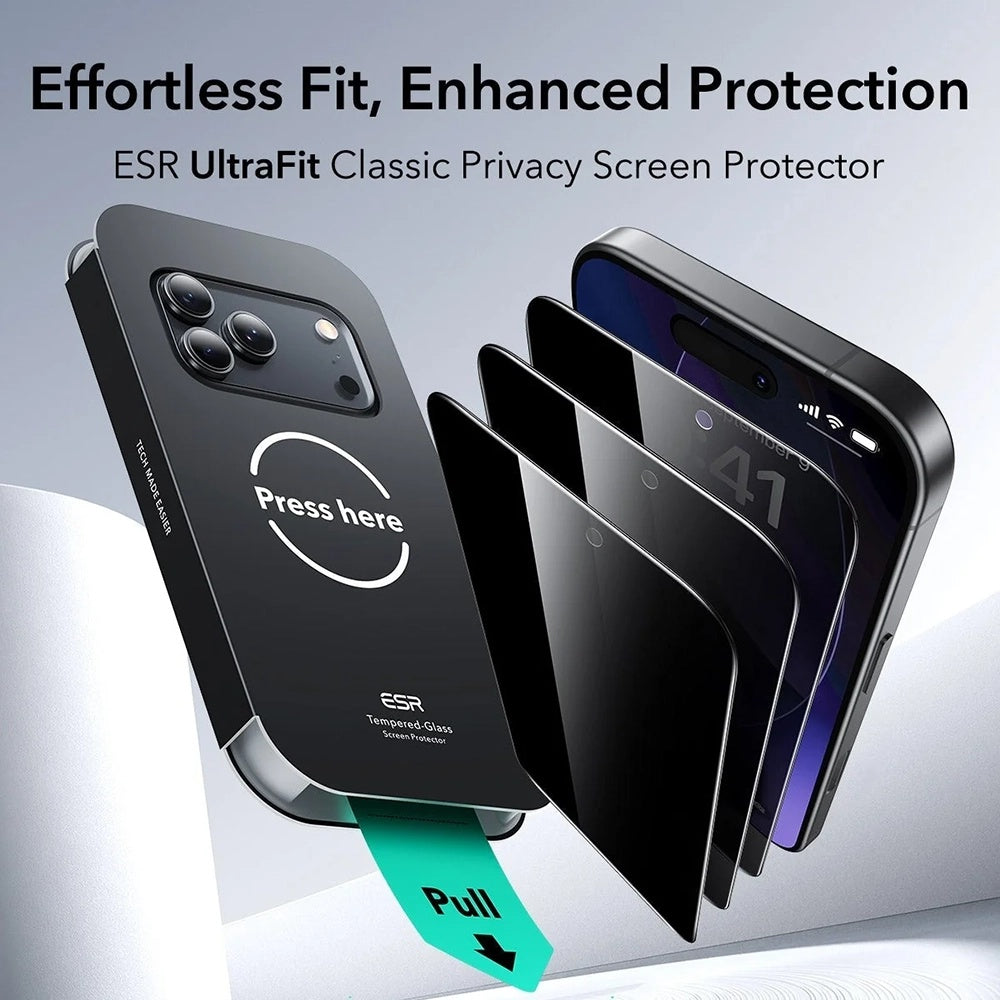 Privacy-Schutzfolie ESR UltraFit Classic für Apple iPhone 18 Pro, gehärtetes Glas, Full Glue, 3er-Set