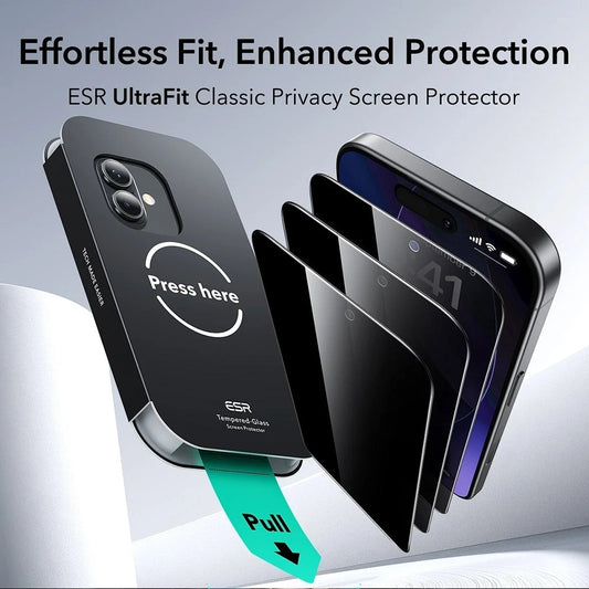Schutzfolie Ecran Privacy ESR UltraFit für Apple iPhone 17 / 16 Pro, gehärtetes Glas, Full Glue, Set 3 Stück.