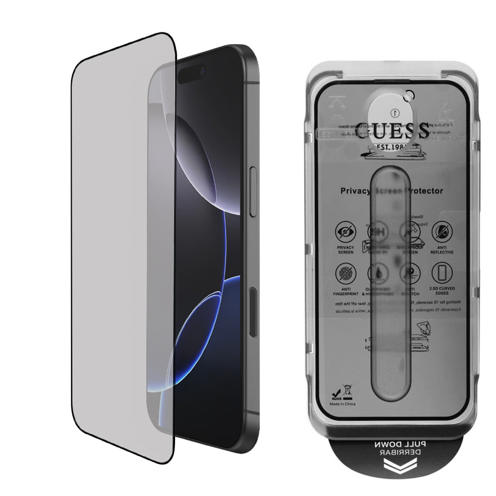 Schutzfolie Privacy Guess für Apple iPhone 16 Pro Max, Gehärtetes Glas, Vollverklebung, 2.5D, GUTGP16XBOKGCIP