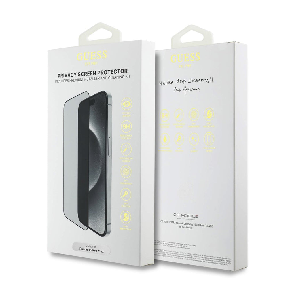 Schutzfolie Privacy Guess für Apple iPhone 16 Pro Max, Gehärtetes Glas, Vollverklebung, 2.5D, GUTGP16XBOKGCIP