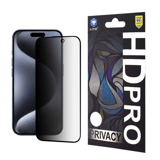 Privacy-Schutzfolie Lito HD Pro für Apple iPhone 15 Pro, gehärtetes Glas, Full Glue
