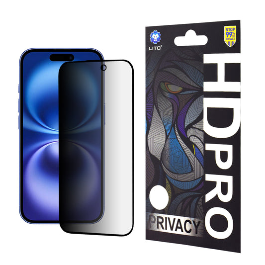 Privacy-Schutzfolie Lito HD Pro für Apple iPhone 16, gehärtetes Glas, Full Glue