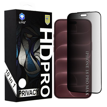 Lito HD Pro Privacy-Displayschutzfolie für Apple iPhone 18 Pro Max, gehärtetes Glas, vollflächig klebend, 10er-Set
