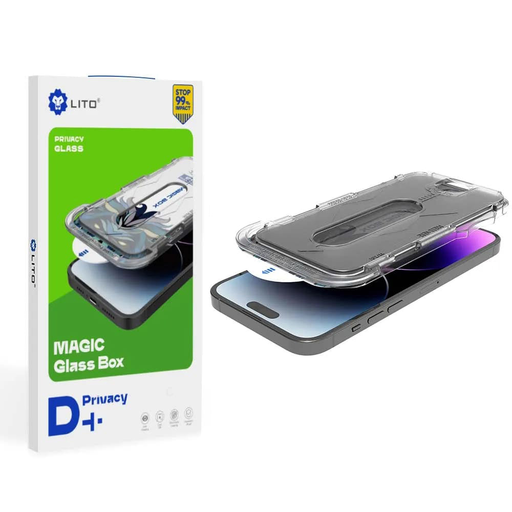 Privacy-Schutzfolie Lito Magic Glass Box D+ Tools für Apple iPhone 14 Pro, gehärtetes Glas, Vollkleber