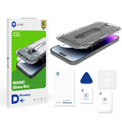 Privacy Screen Protector Lito Magic Glass Box D+ Tools for Apple iPhone 15 Pro, Tempered Glass, Full Glue
