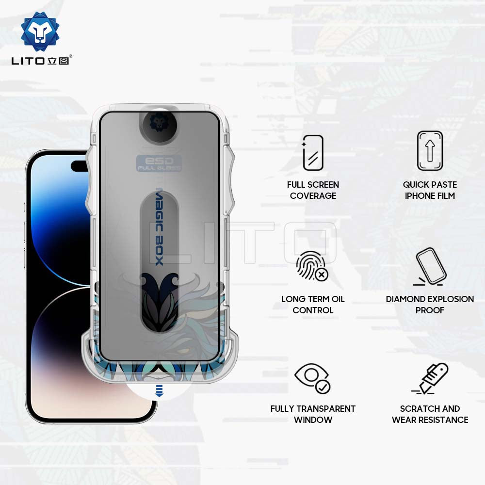 Privacy Screen Protector Lito Magic Glass Box D+ Tools for Apple iPhone 16 Pro Max, Tempered Glass, Full Glue
