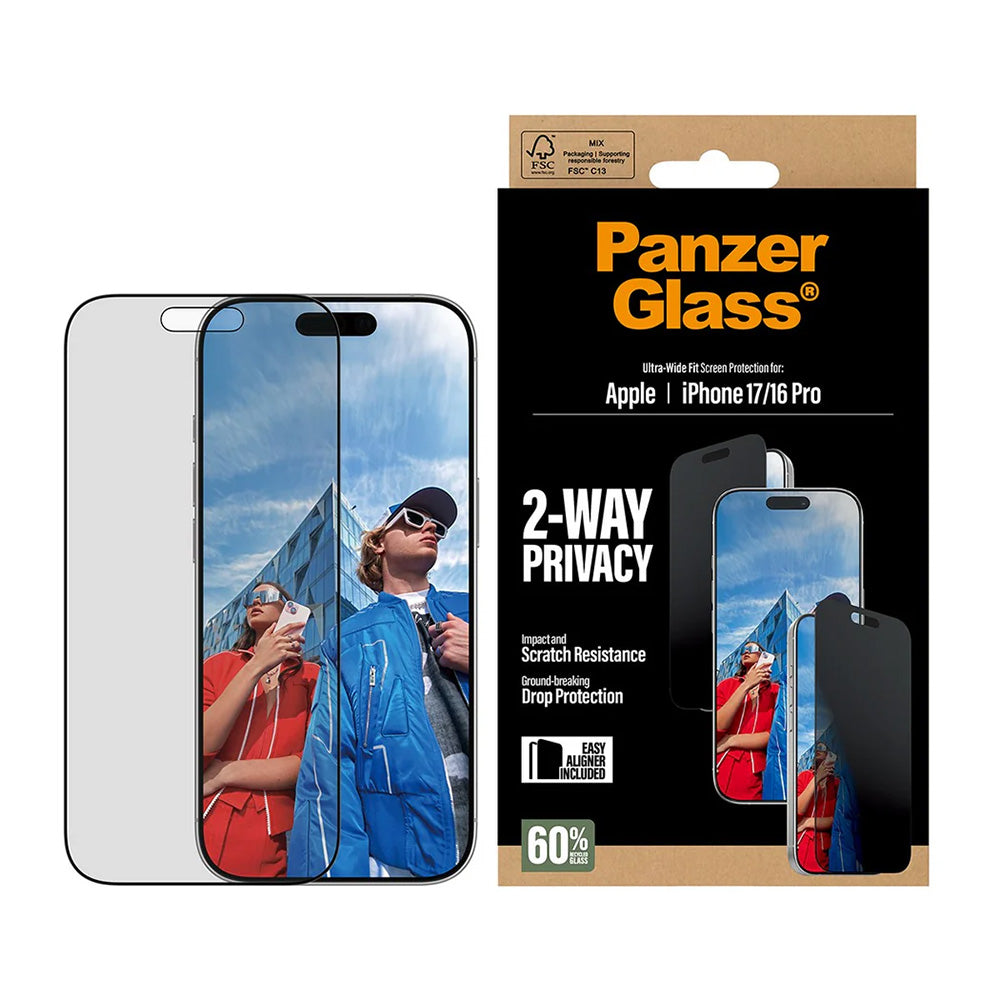 Schutzfolie Privacy PanzerGlass Ultra-Wide Fit 2-Way EasyAligner für Apple iPhone 17 / 16 Pro, Gehärtetes Glas, Vollverklebung