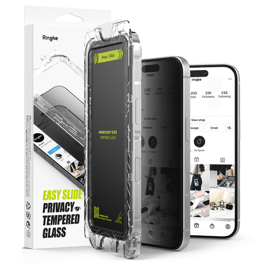 Schutzfolie Privacy Ringke Easy Slide für Apple iPhone 16 Plus / 15 Plus, gehärtetes Glas, Vollkleber, Set mit 2 Stück