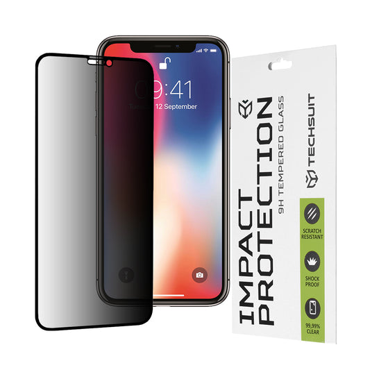 Privacy Techsuit Displayschutzfolie für Apple iPhone 11 Pro / XS / X, gehärtetes Glas, Full Glue, 111D