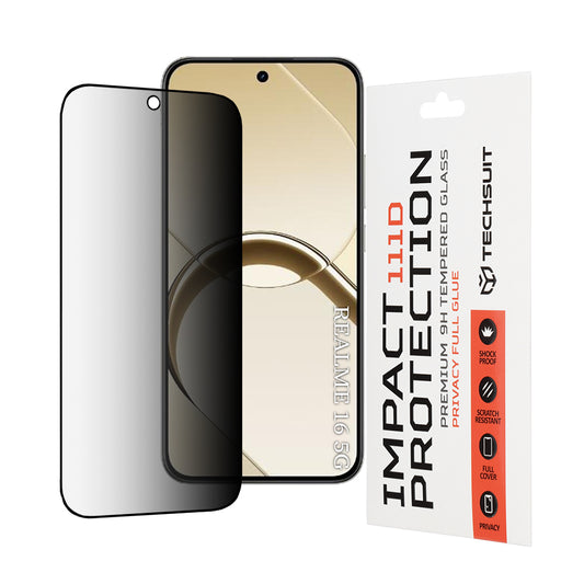 Privacy Techsuit Displayschutzfolie für Realme 16, gehärtetes Glas, Full Glue, 111D