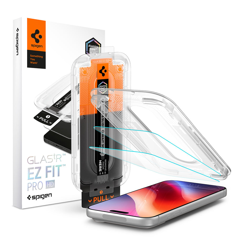 Spigen GlastR EZ FIT Pro HD Displayschutzfolie für Apple iPhone 18 Pro / 17 Pro / 17 / 16 Pro, gehärtetes Glas, Full Glue, 2er Set AGL12047